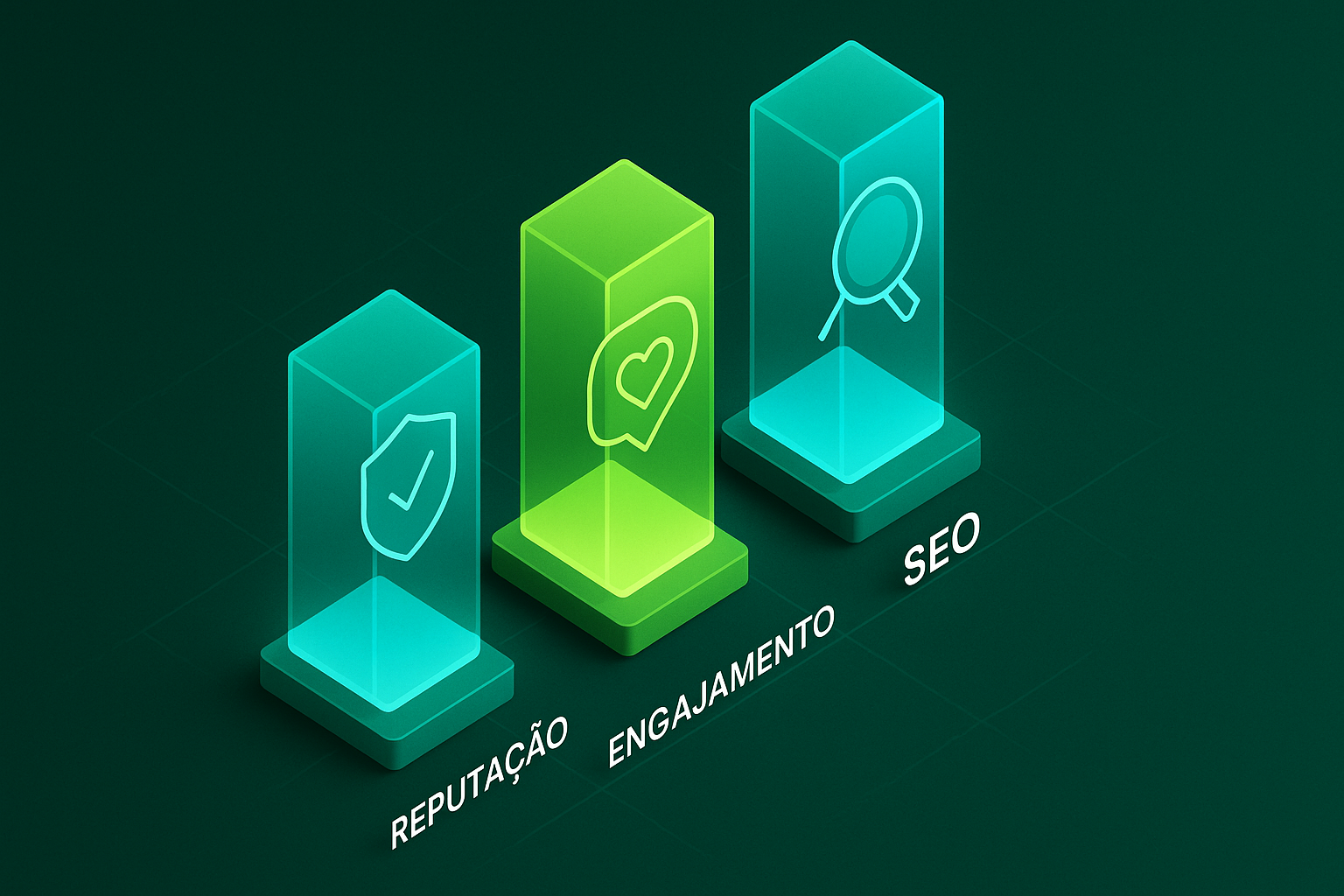 Ilustração isométrica em 3D com três colunas translúcidas e coloridas — escudo “Reputação”, balão de chat com coração “Engajamento” e lupa com seta “SEO” — dispostas em ordem crescente sobre fundo verde texturizado.