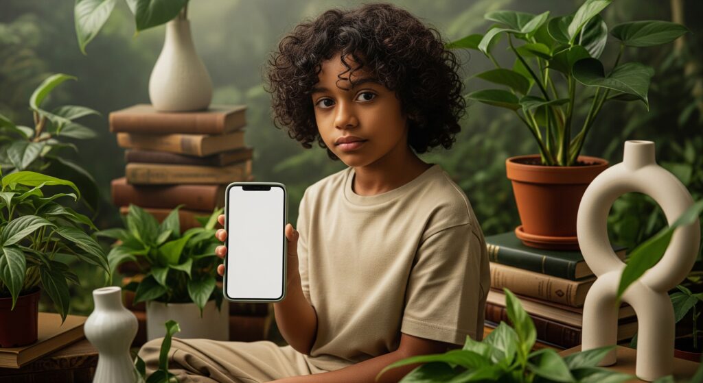 Jovem da Geração Alpha com smartphone desligado em ambiente natural, representando equilíbrio entre digital e analógico