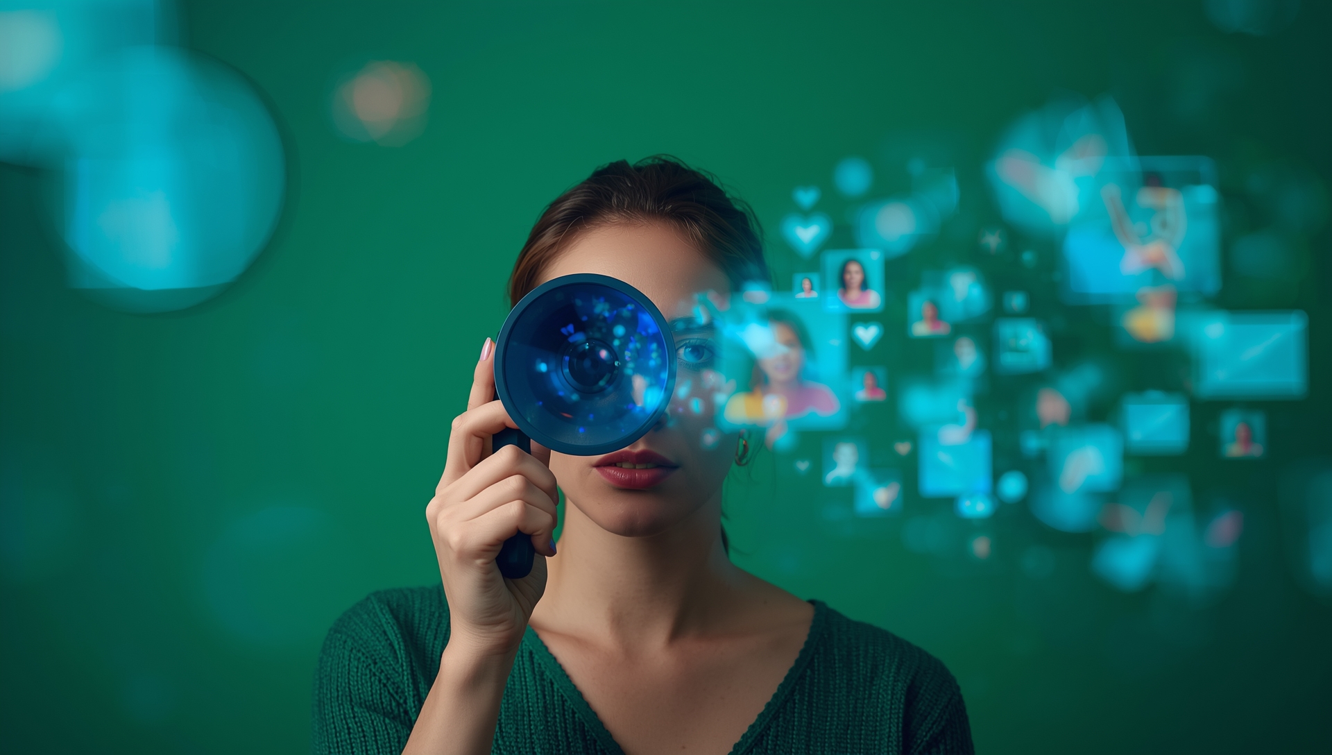 Jovem influenciadora segura lente azul diante do olho enquanto hologramas de curtidas e perfis flutuam sobre fundo verde, simbolizando checagem de fatos e influência responsável nas redes sociais.