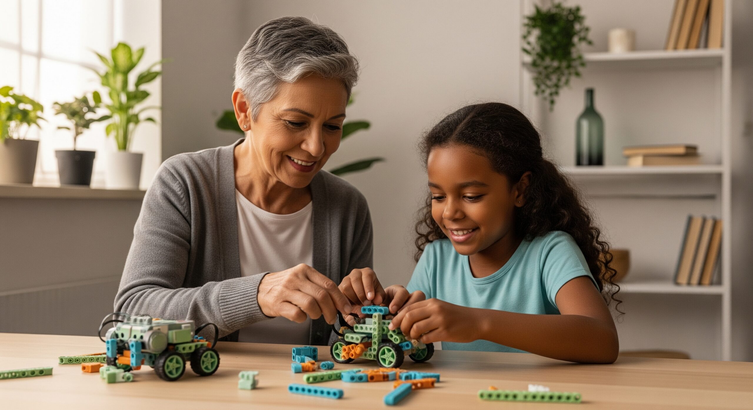 Avó brasileira e neta parda sorrindo enquanto montam robô de peças coloridas em mesa de madeira, ilustrando aprendizado e vínculo intergeracional com tecnologia.
